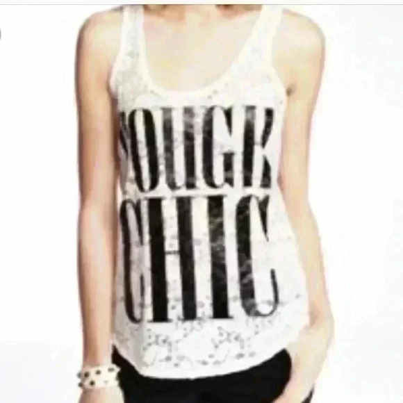 EXPRESS “Tough Chic” Creme Lace Scoop Neck Graphic Sleeveless Tank Top Size M - Picture 1 of 8